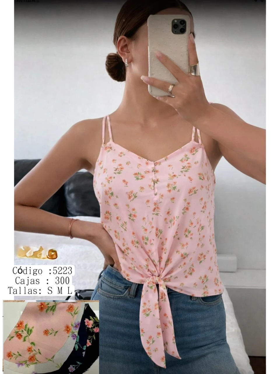 Top sin mangas con estampado floral y nudo delantero-5223