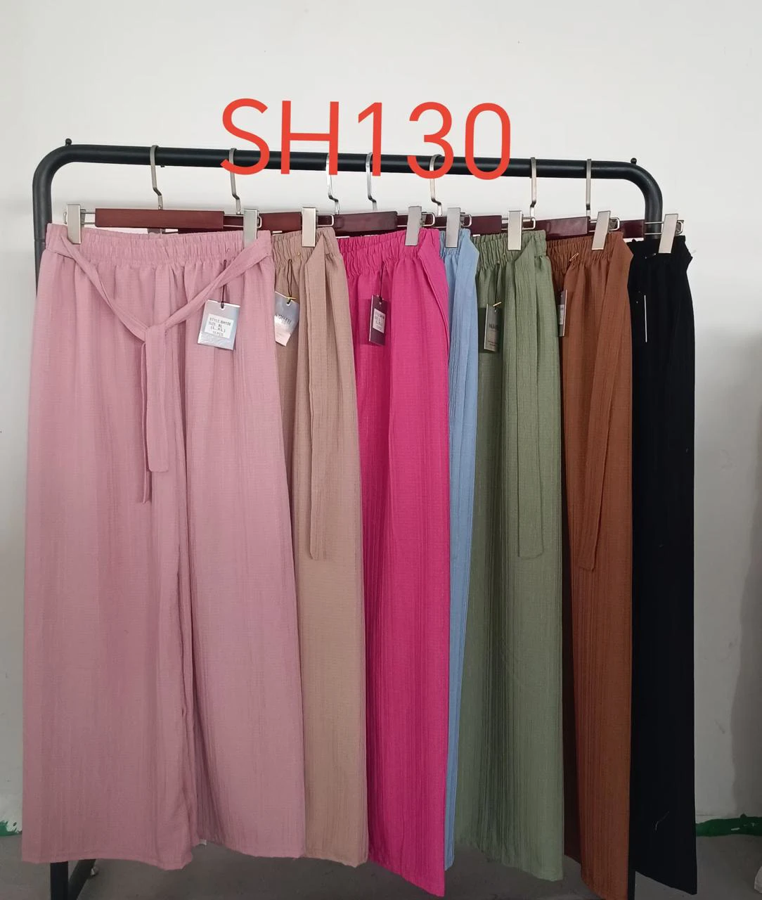 Pantalones de tela arrugada con cordón-SH130