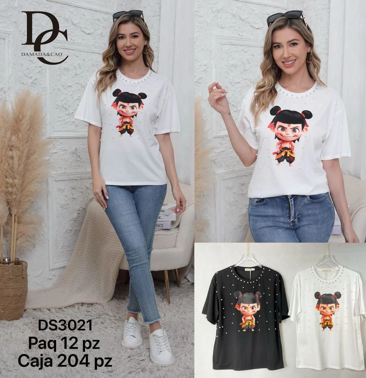Playera con estampado de personaje de caricatura y perlas-DS3021