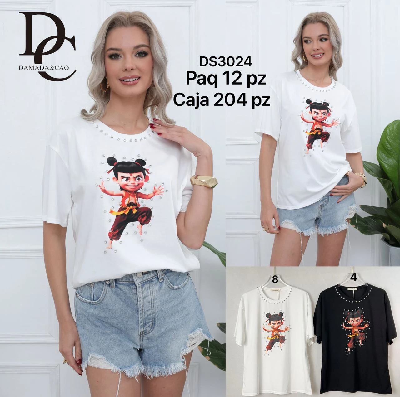 Playera de algodón con estampado de personaje y estoperoles-DS3024