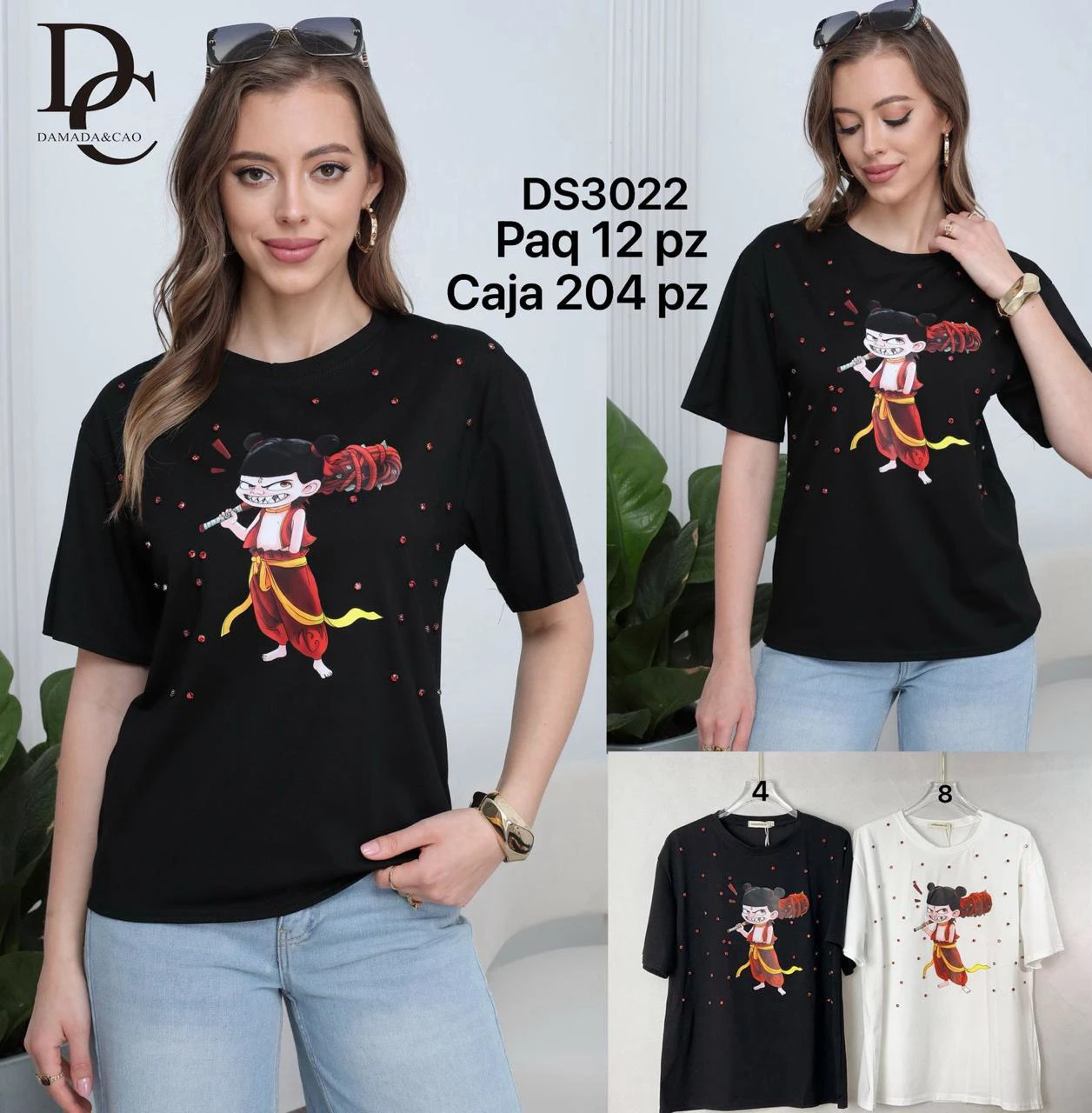 Playera de cuello redondo con estampado de personaje y brillos-DS3022