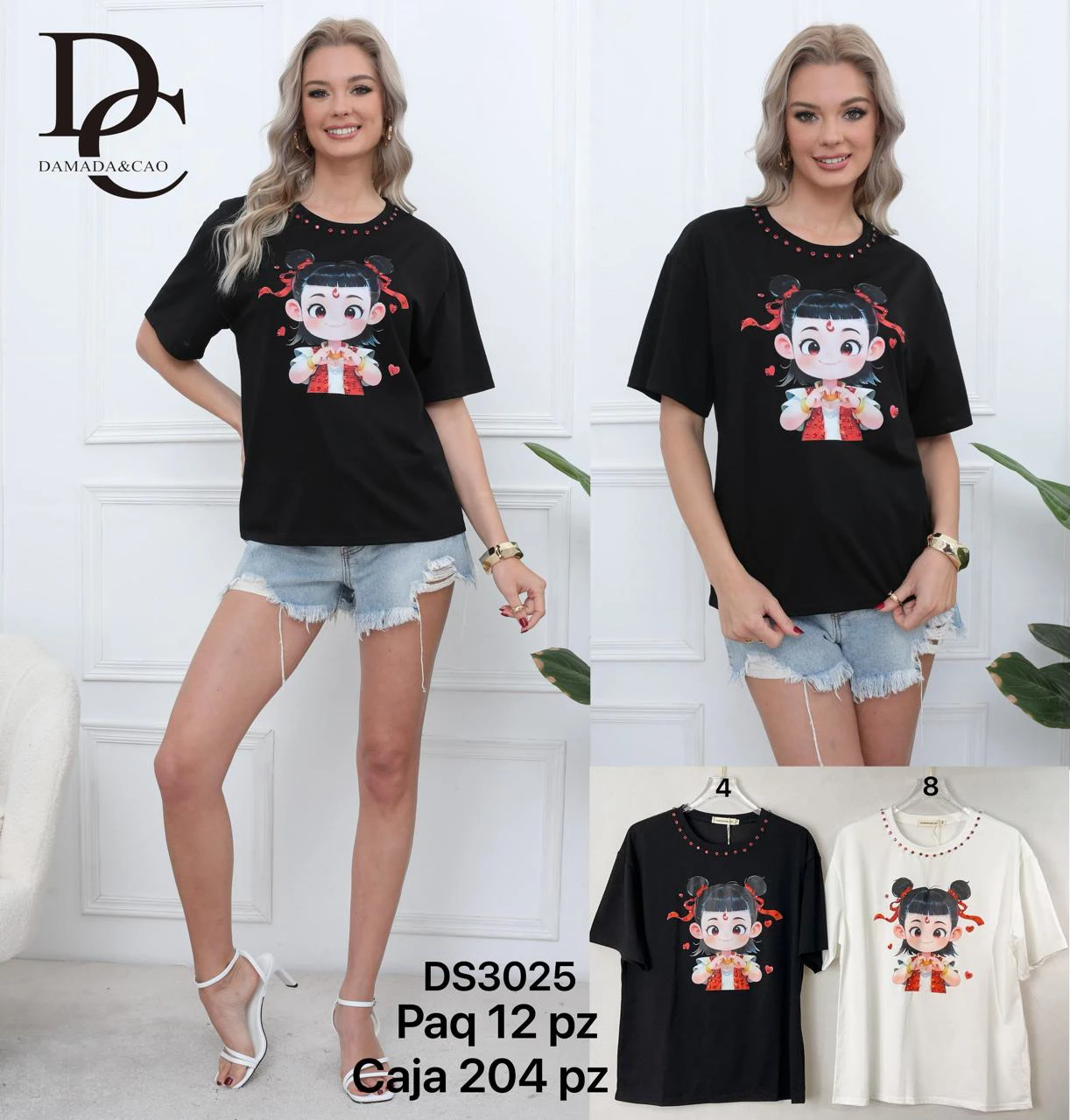 Playera de manga corta con estampado de personaje de caricatura-DS3025