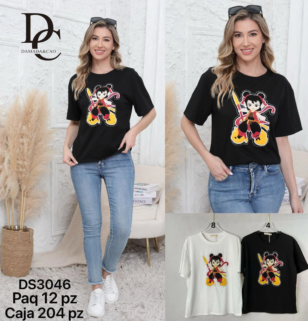 Playera de manga corta con estampado de personaje de caricatura-DS3046
