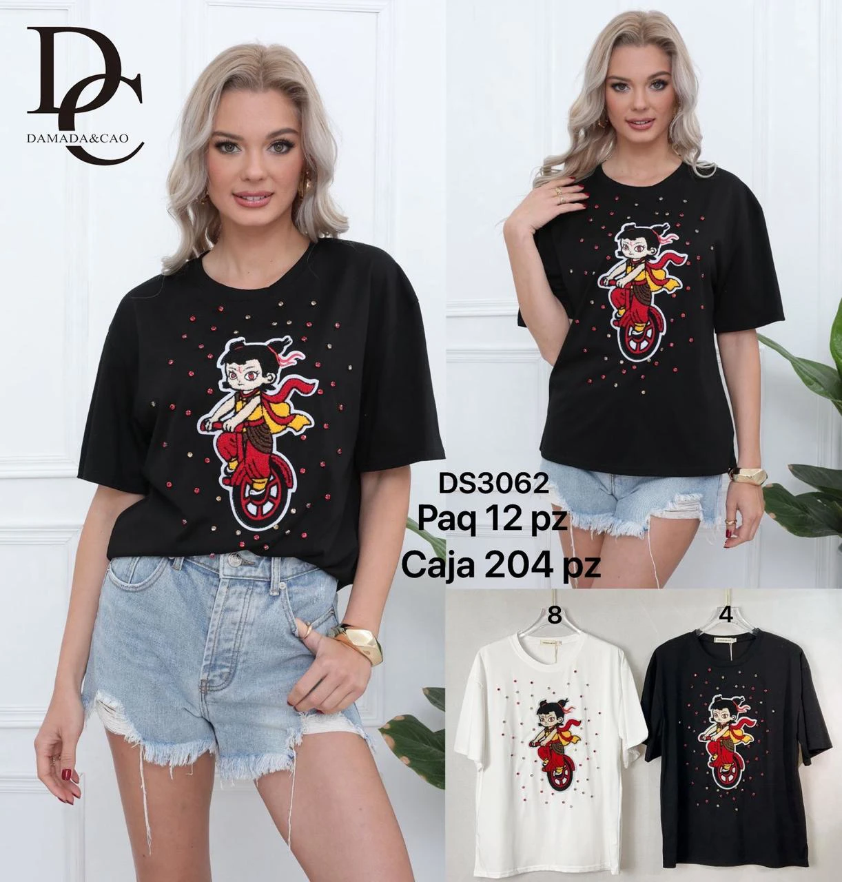 Playera de manga corta con estampado de personaje en bicicleta-DS3062