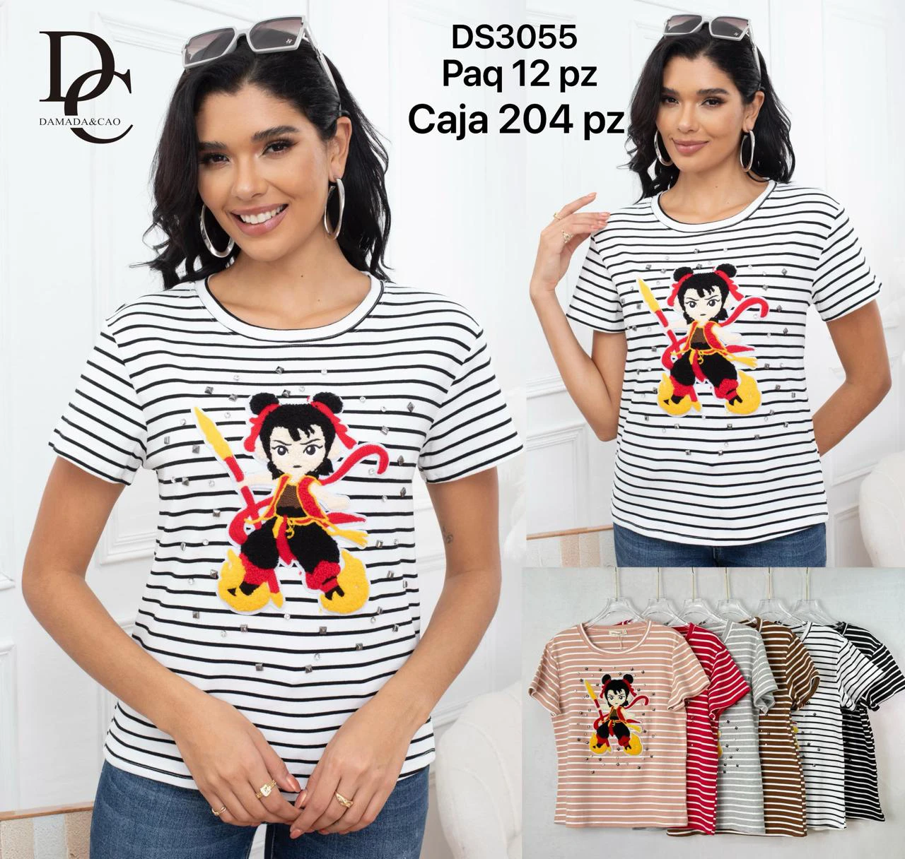 Playera de manga corta de rayas con estampado de guerrera-DS3055