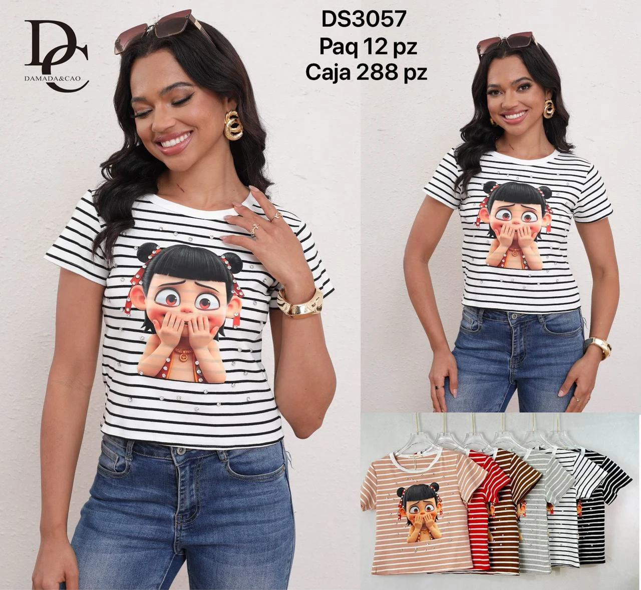 Playera de rayas con estampado de niña caricatura-DS3057
