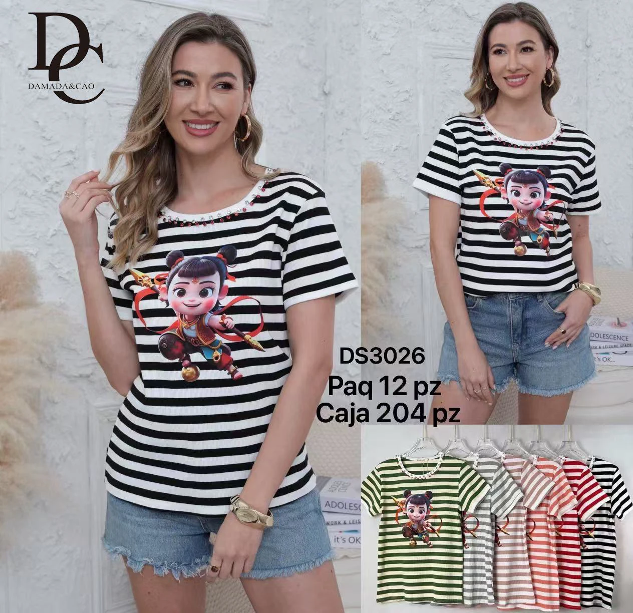 Playera de rayas con estampado de personaje animado-DS3026
