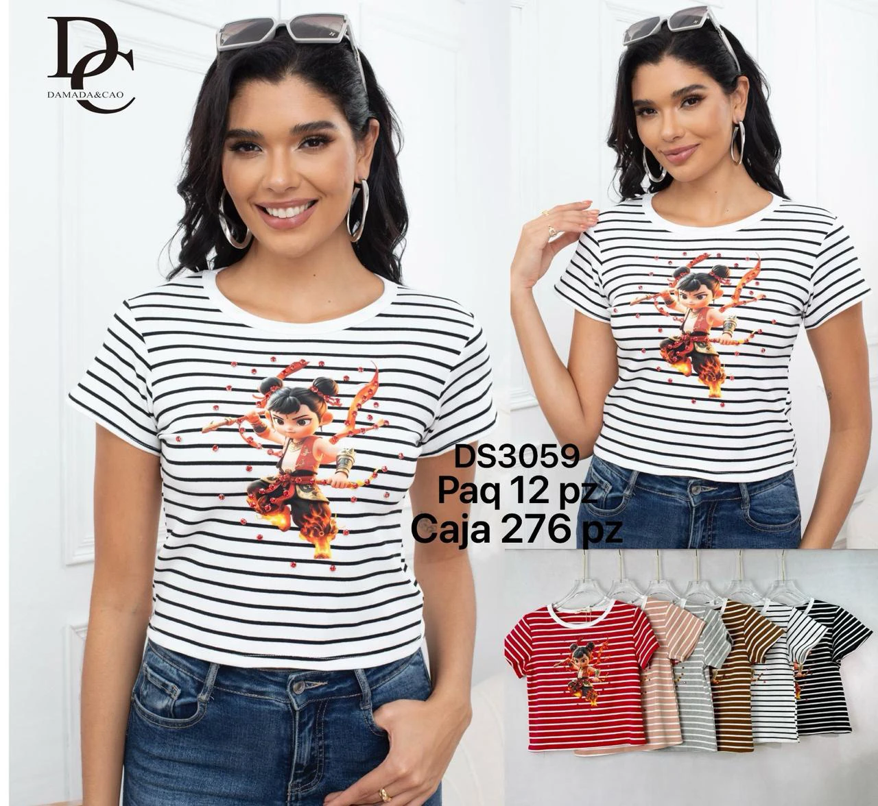 Playera de rayas con estampado de personaje animado-DS3059