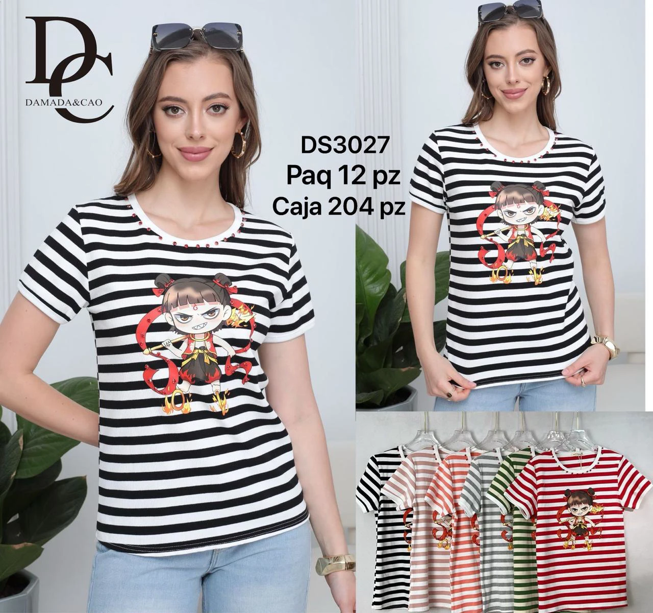 Playera de rayas con estampado de personaje-DS3027