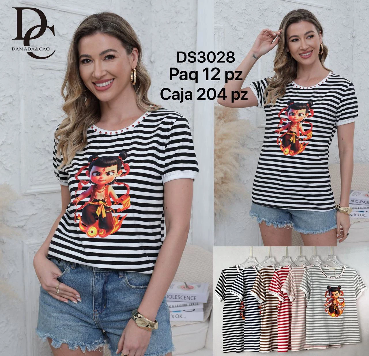 Playera de rayas con estampado de personaje-DS3028