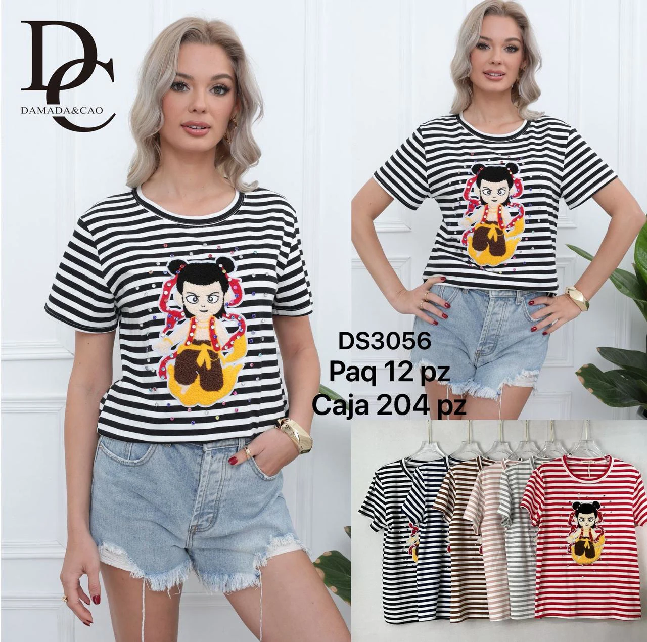 Playera de rayas con estampado de personaje-DS3056