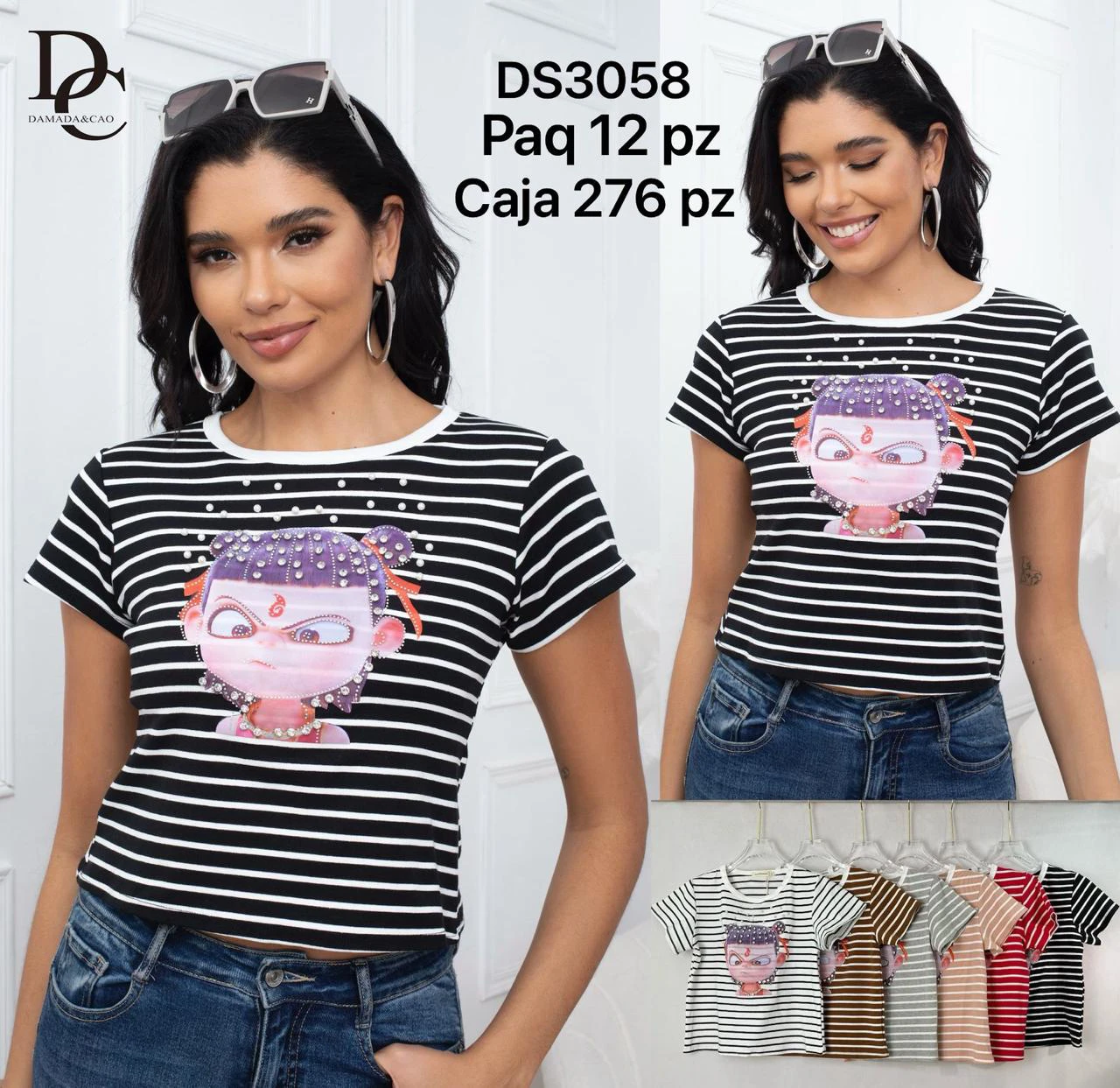 Playera de rayas con estampado de personaje-DS3058