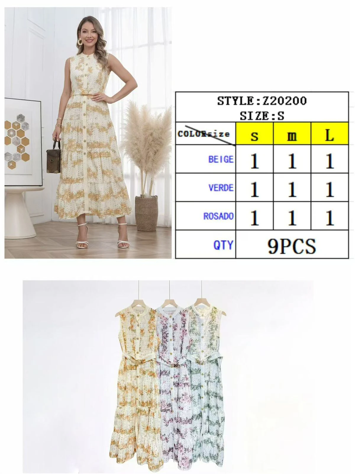 Vestido largo floral abotonado con cinturón-Z20200