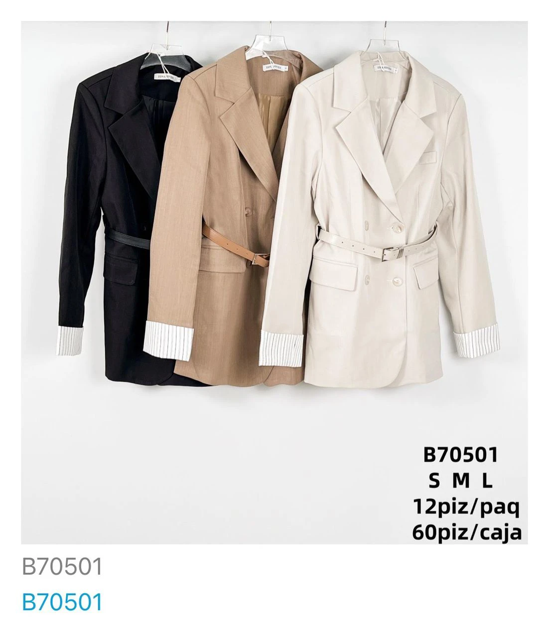 Blazer con cinturón y puños a rayas-B70501