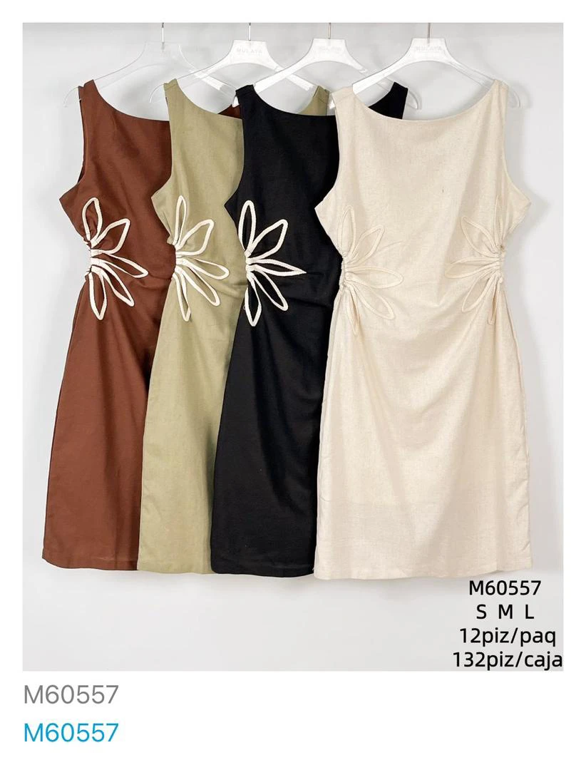 Vestido casual corto con detalle floral fruncido-M60557