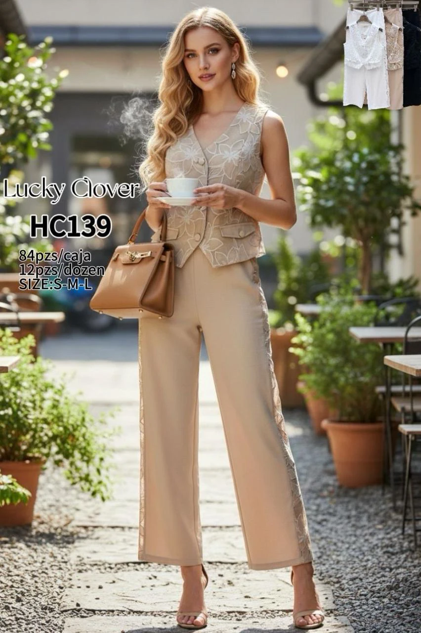 Conjunto de Chaleco y Pantalón Palazzo con Detalles Bordados-HC139