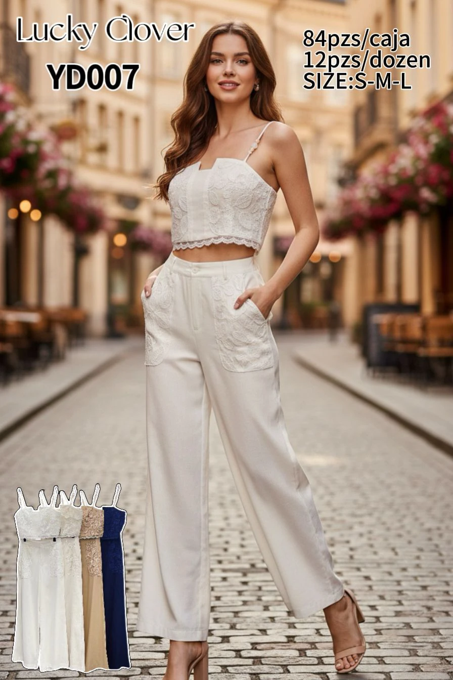 Conjunto de Crop Top de Encaje y Pantalón Ancho-YD007