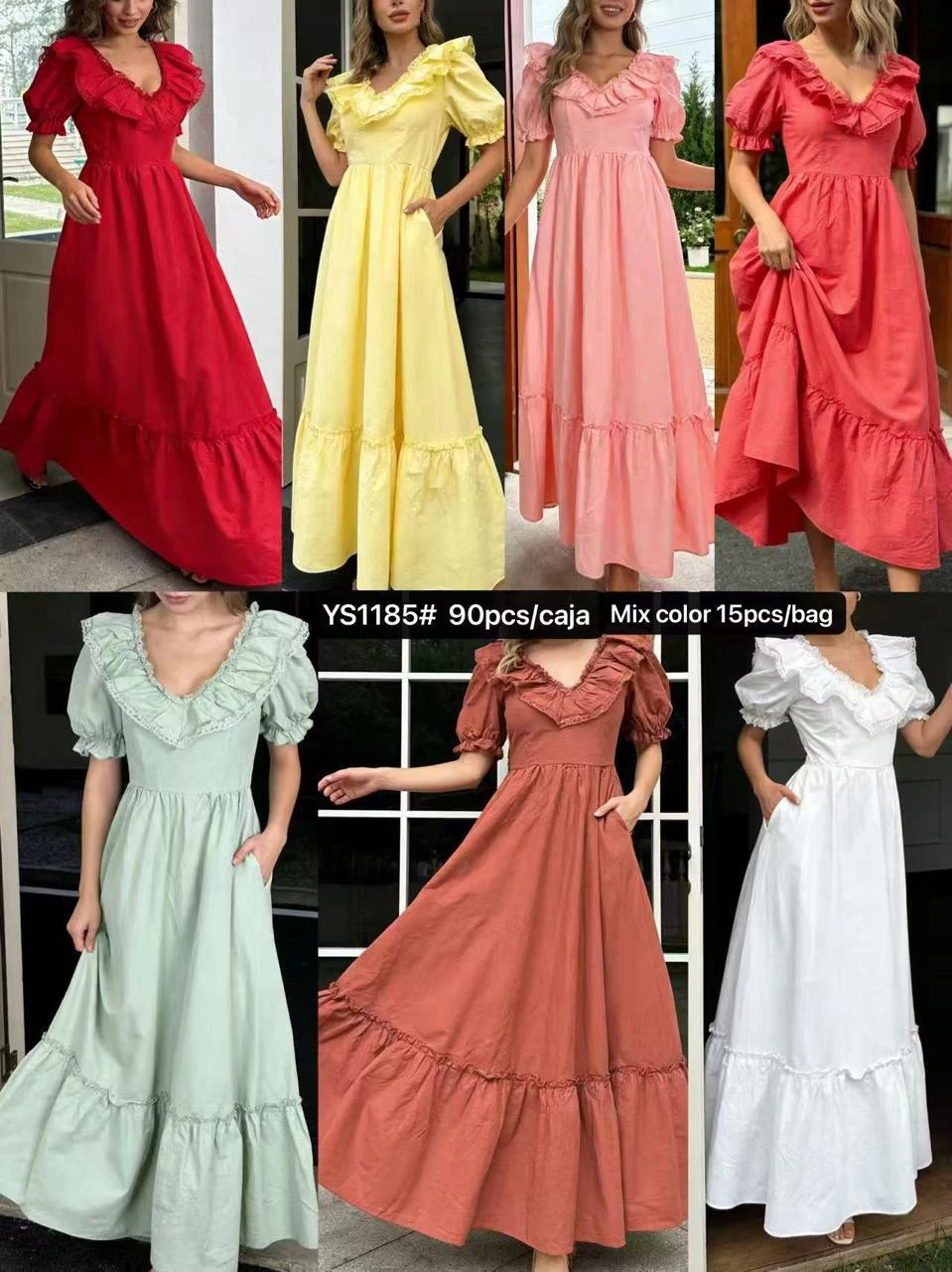 Vestido maxi con volantes y cuello en V-YS1185