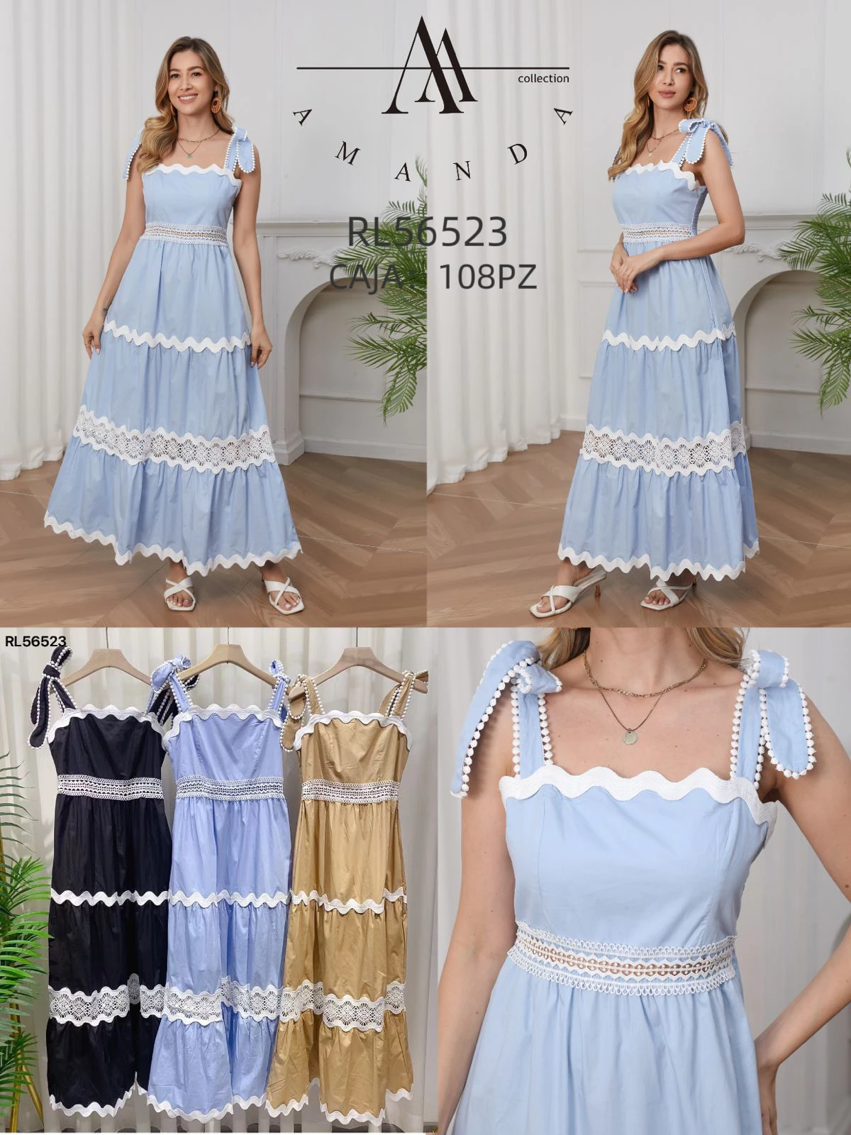 Vestido largo escalonado con encaje y tirantes de lazo-RL56523
