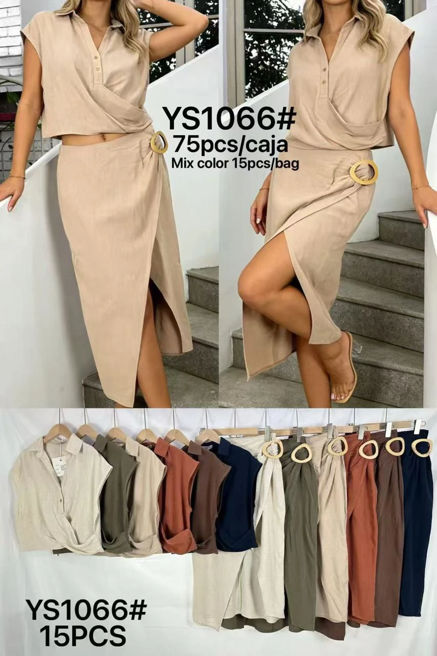 Conjunto de Blusa de Manga Corta y Falda Cruzada-YS1066