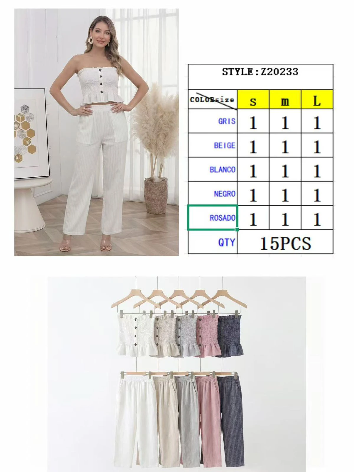 Conjunto de top bandeau y pantalón ancho-Z20233