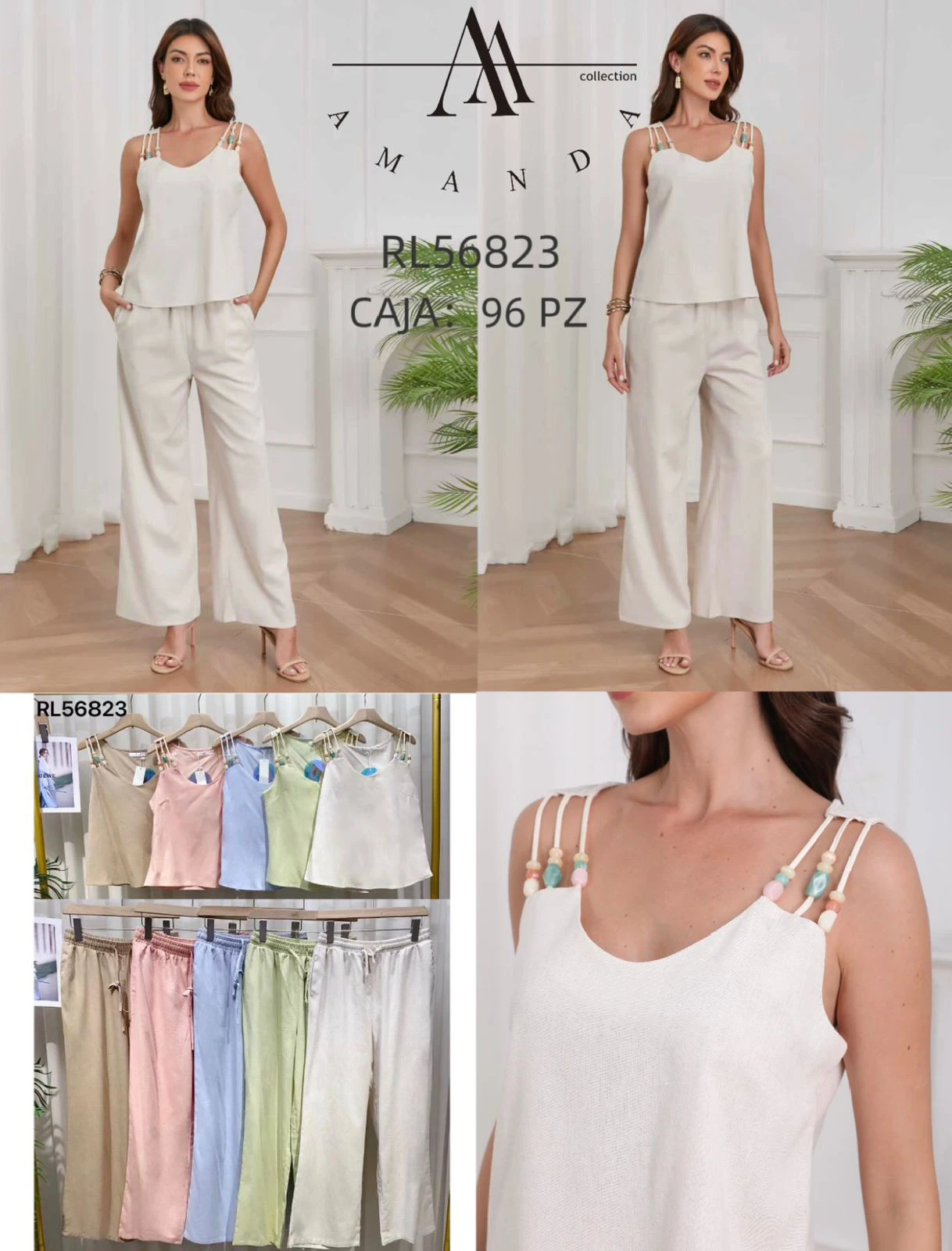 Conjunto de top sin mangas con detalles y pantalón amplio-RL56823