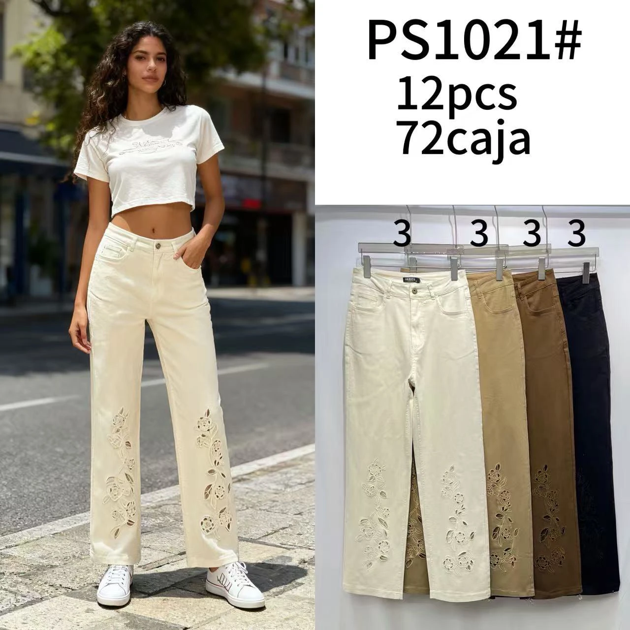 Pantalones con detalle de flores en la parte inferior-PS1021