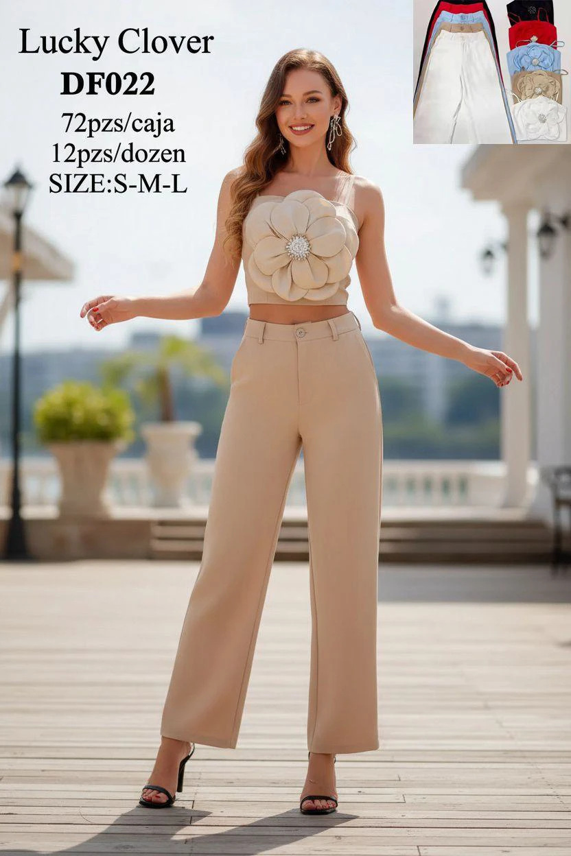 Conjunto de Top con Aplique Floral y Pantalón Casual-DF022