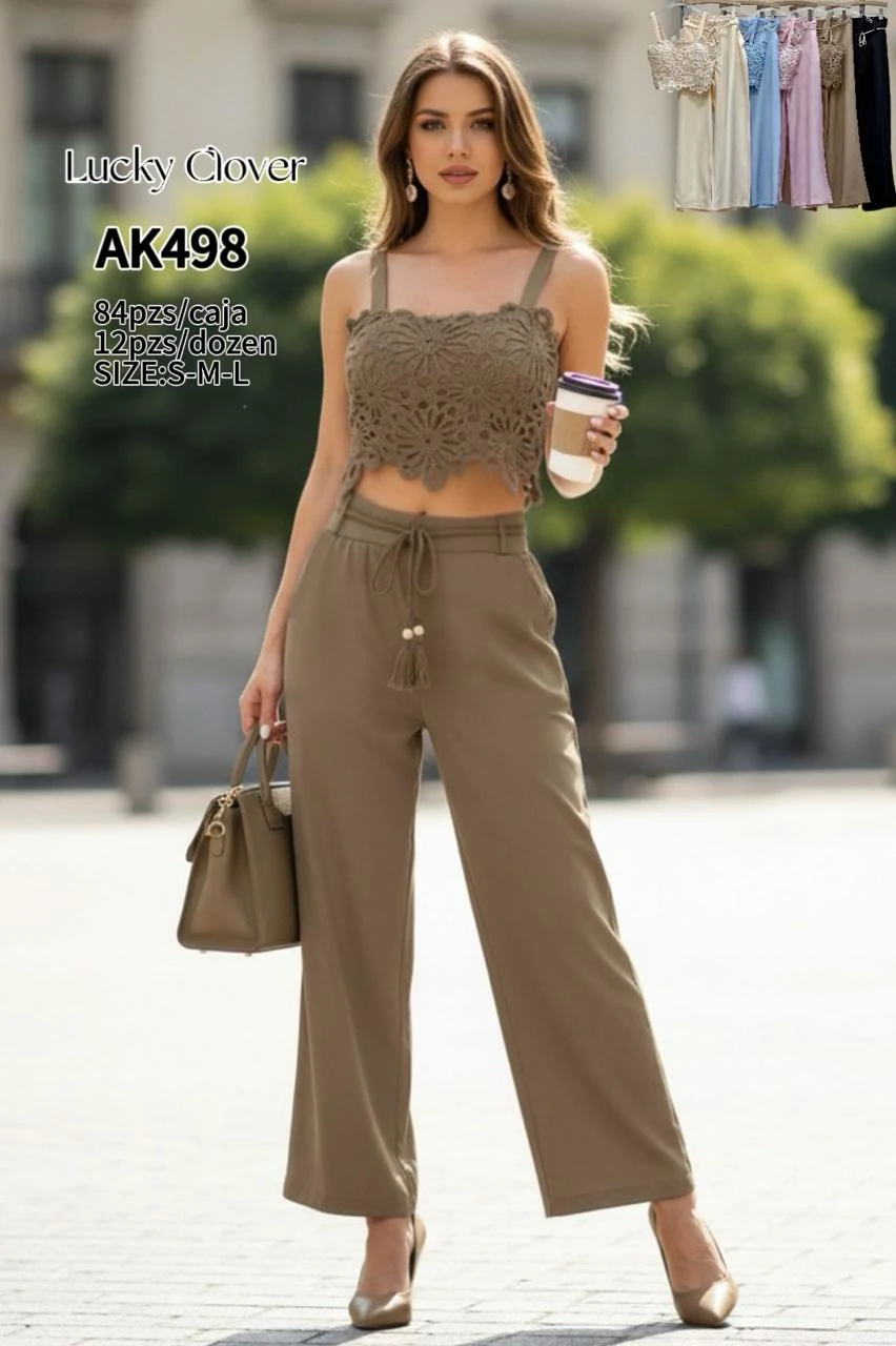 Conjunto de dos piezas de crop top de encaje y pantalón-AK498