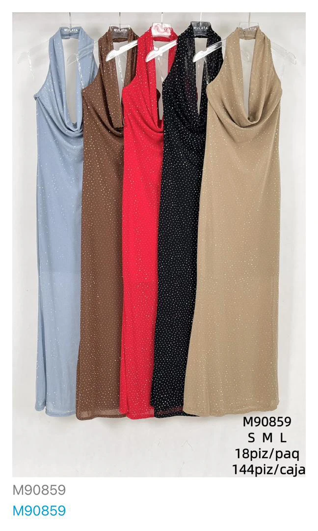 Vestido con cuello drapeado brillante-M90859