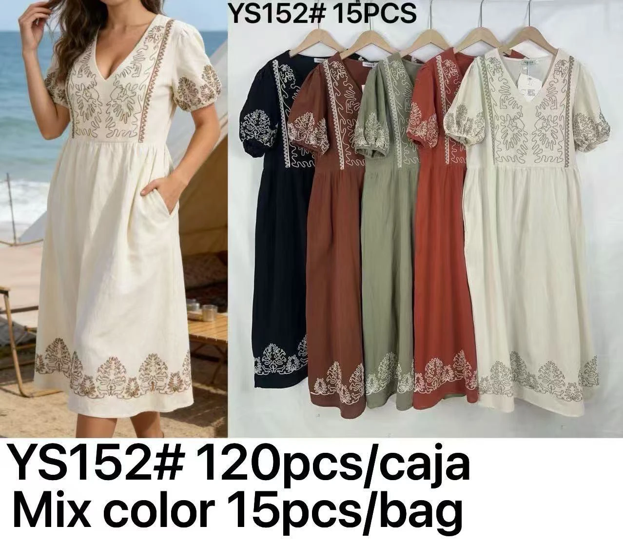 Vestido largo tipo túnica con bordado-YS152
