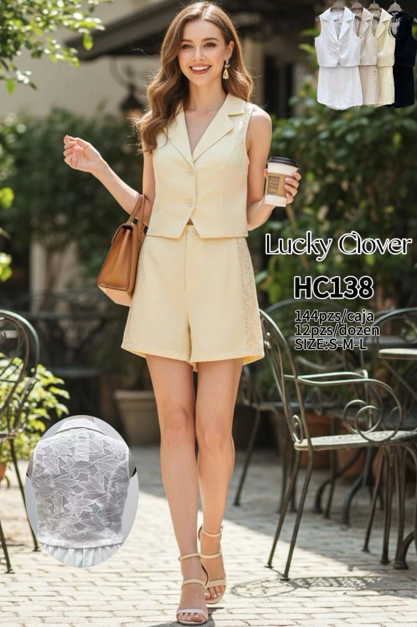Conjunto de chaleco y shorts con detalle de encaje-HC138