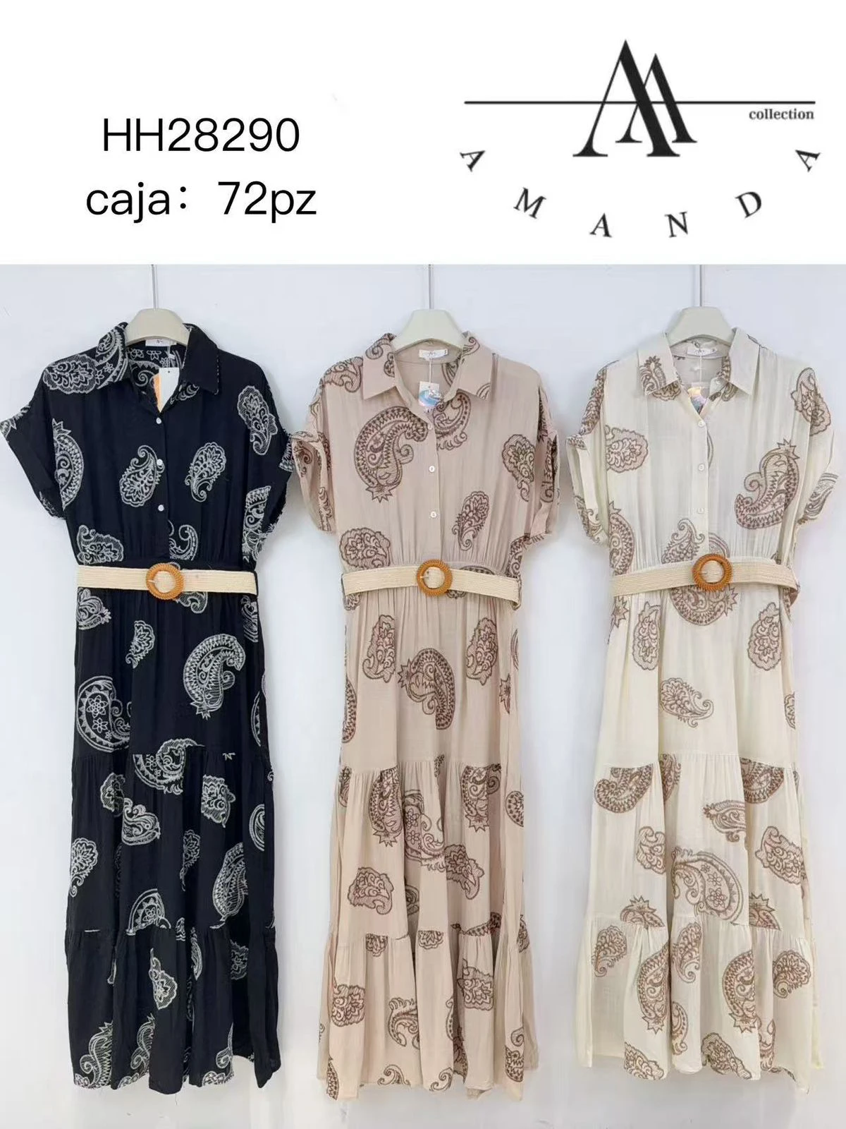 Vestido largo estampado paisley con cinturón-HH28290