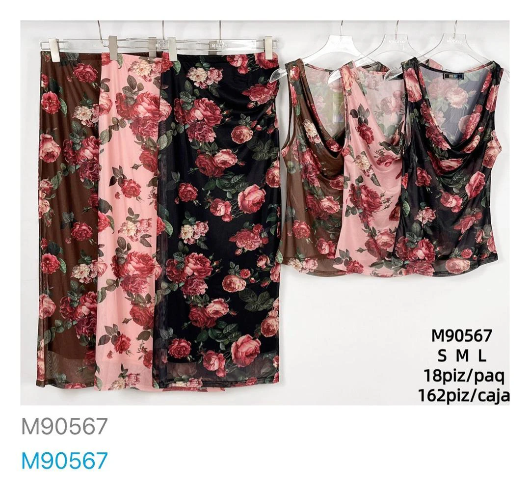Conjunto de falda y top con estampado floral-M90567