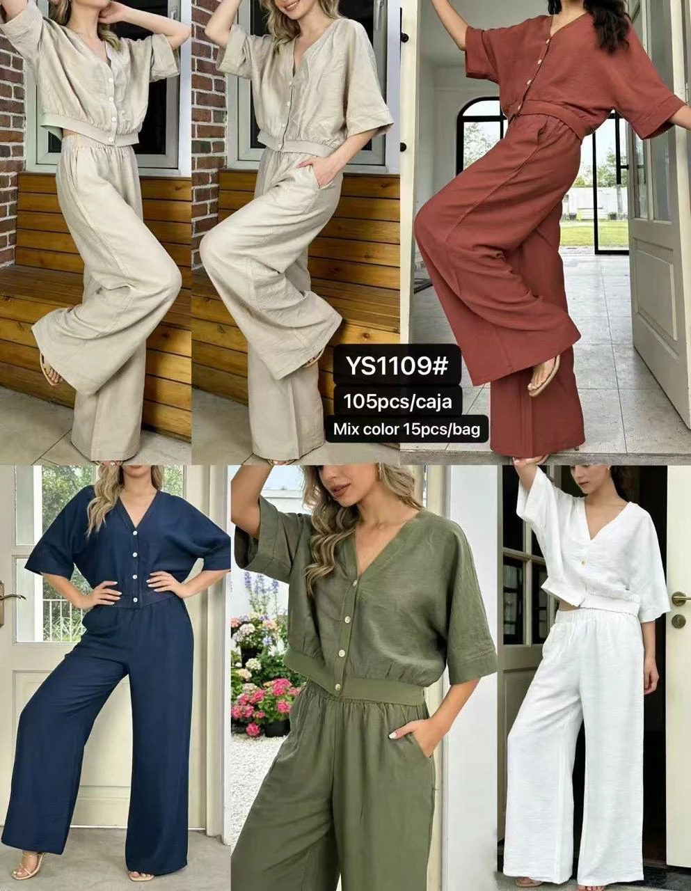 Conjunto casual de blusa con botones y pantalón holgado-YS1109