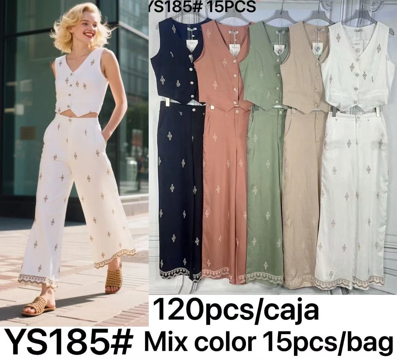 Conjunto de chaleco con botones y pantalón ancho-YS185