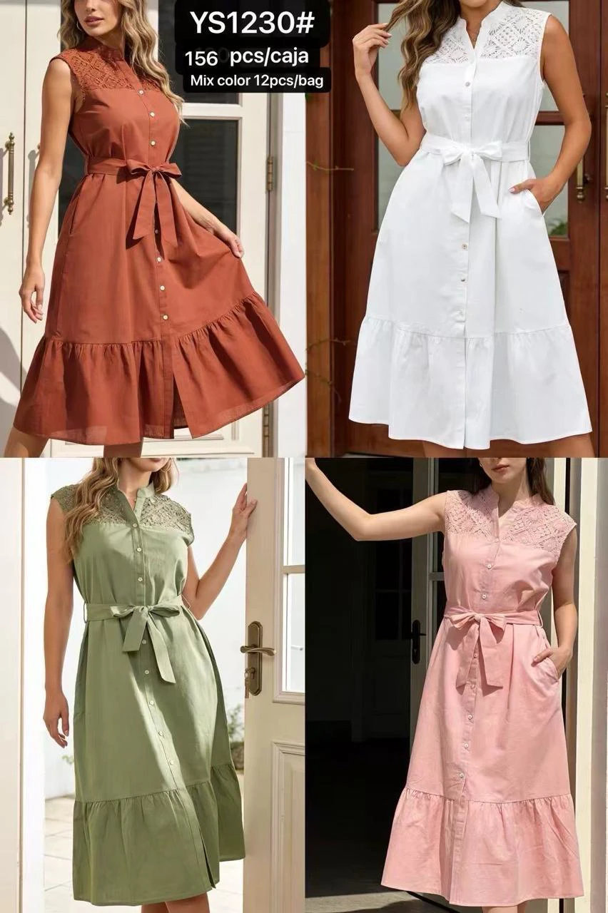 Vestido camisero con cuello alto y encaje-YS1230