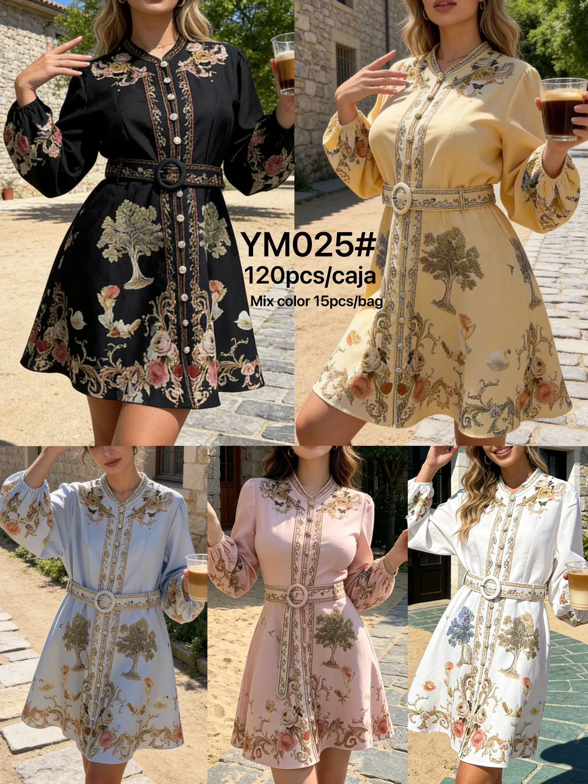 Vestido camisero corto con cinturón y estampado botánico-YM025