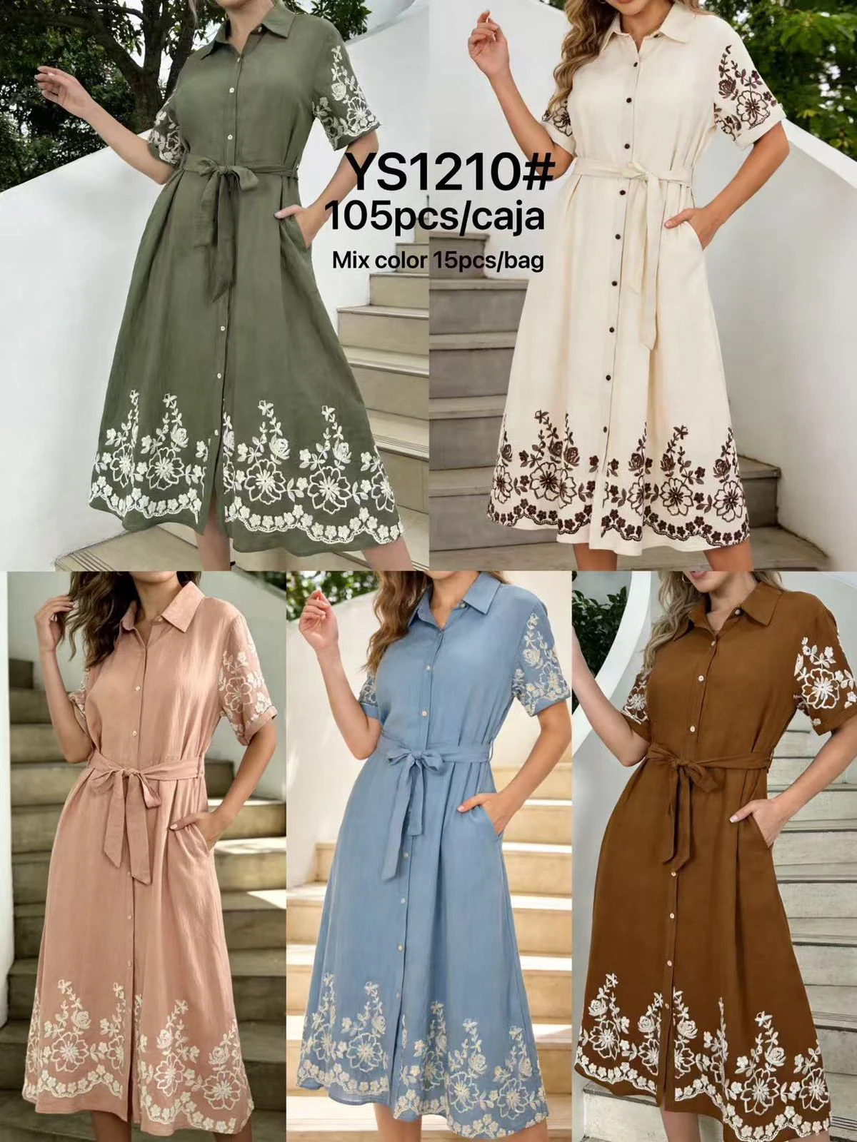 Vestido camisero midi con bordados-YS1210