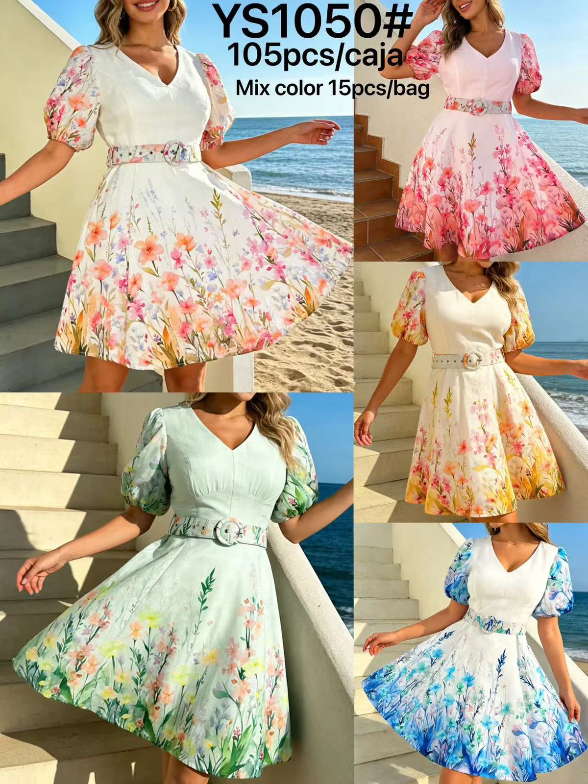 Vestido Floral de Manga Abullonada con Cinturón-YS1050