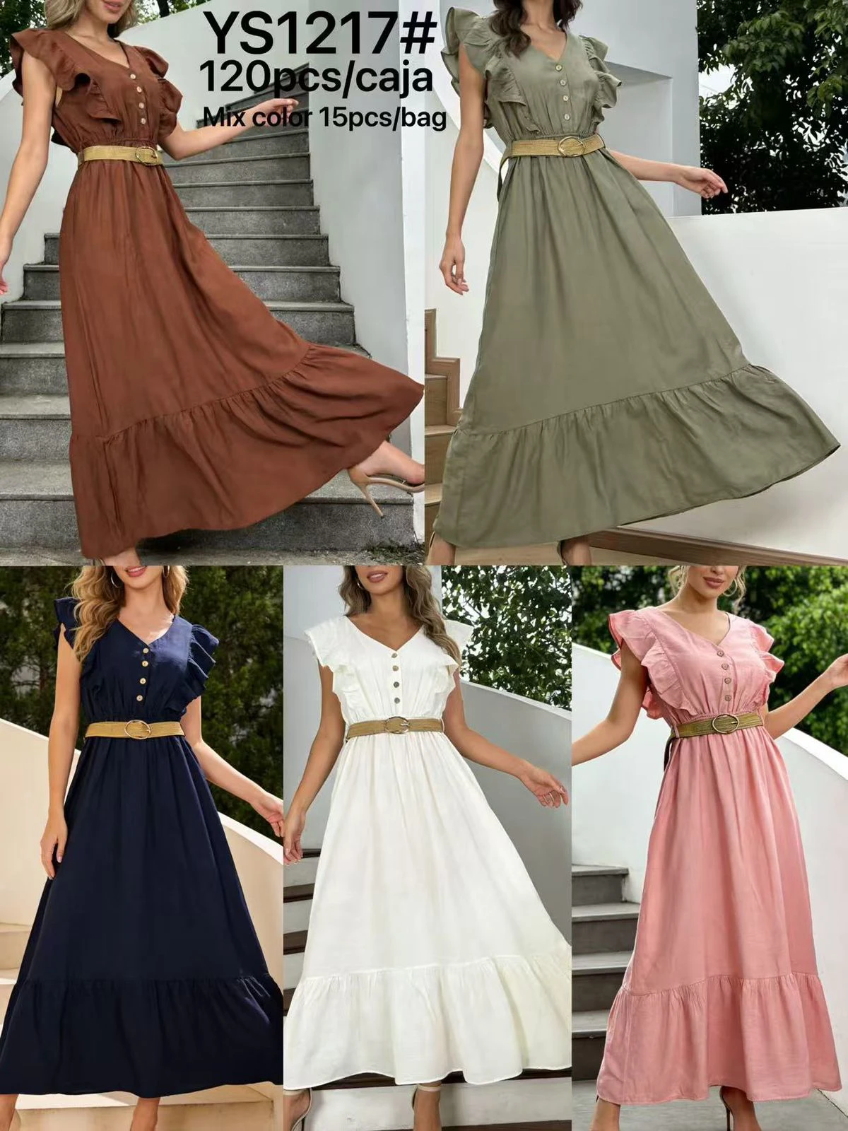 Vestido largo casual con botones y volantes en las mangas-YS1217