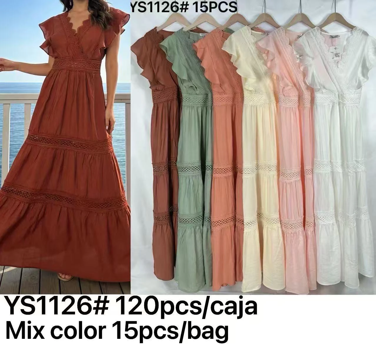 Vestido largo con volantes y encaje-YS1126