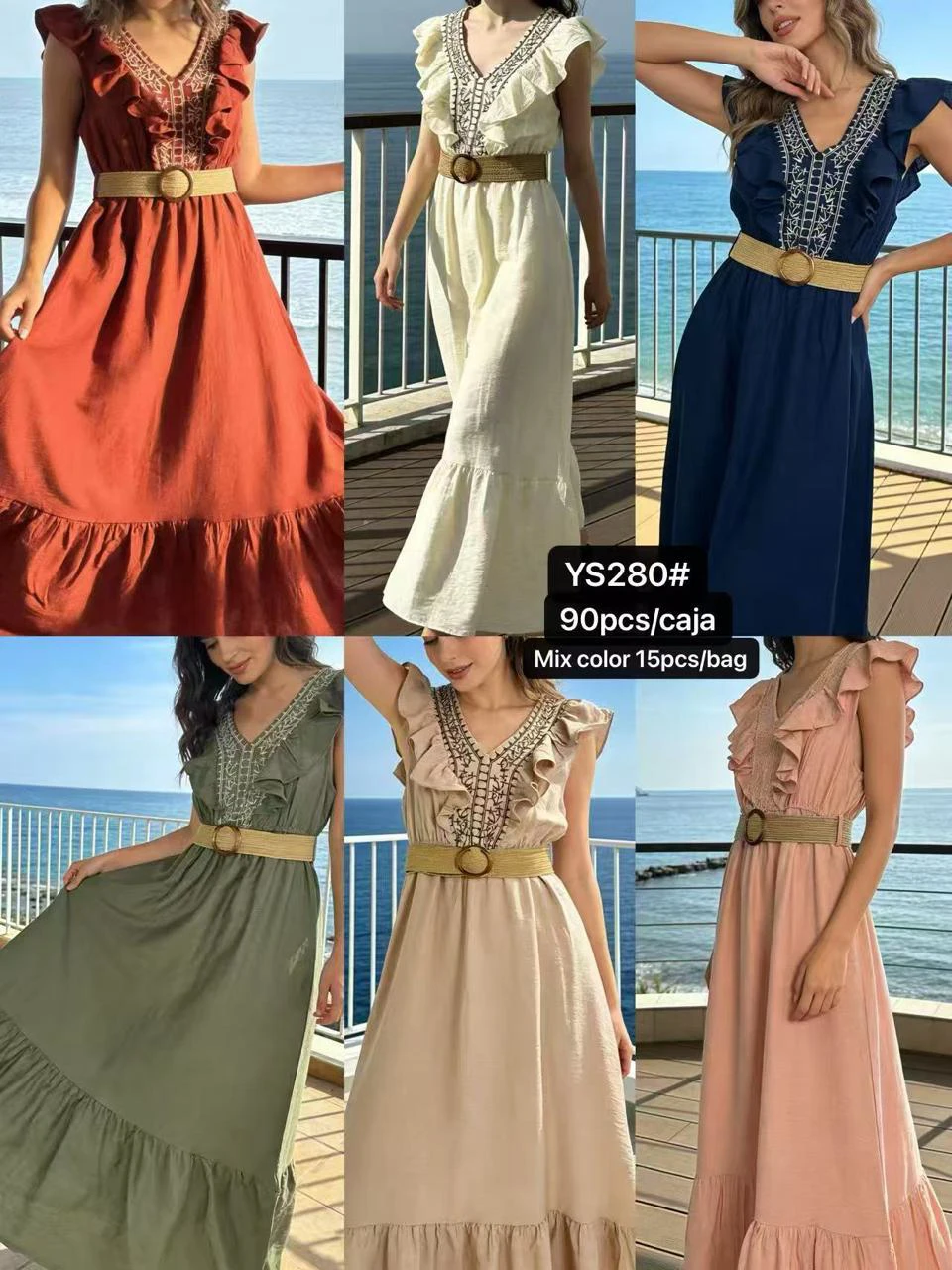 Vestido largo estilo bohemio con cuello y cinturón-YS280
