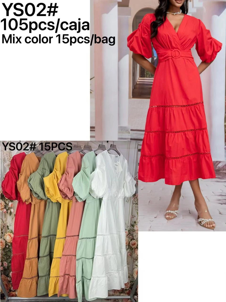 Vestido midi escalonado con manga abullonada y cuello en V-YS02