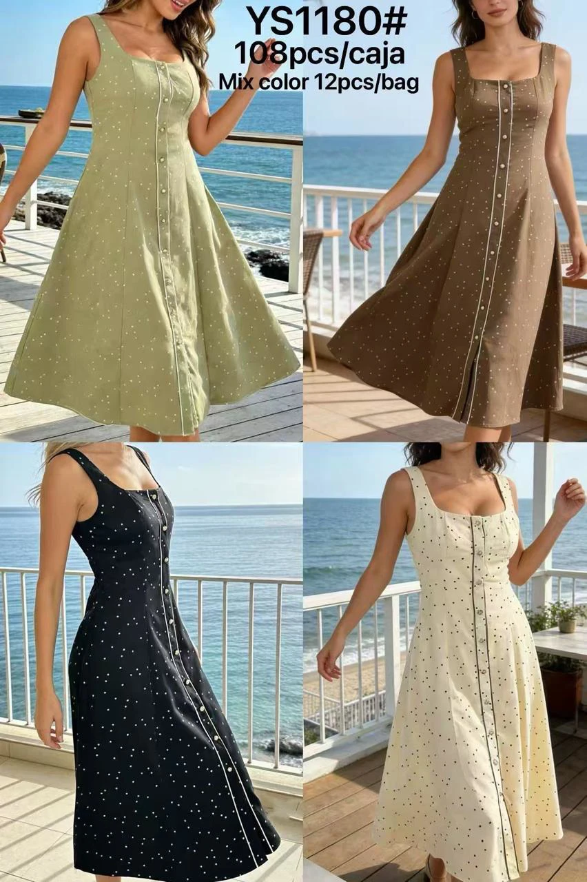 Vestido sin mangas con botones y estampado de lunares-YS1180