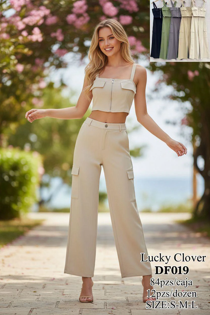 Conjunto de Crop Top con Cierre y Pantalones Cargo Anchos-DF019