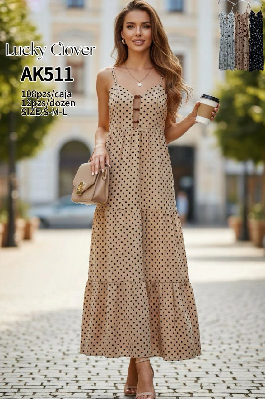 Vestido largo de tirantes con lunares-AK511