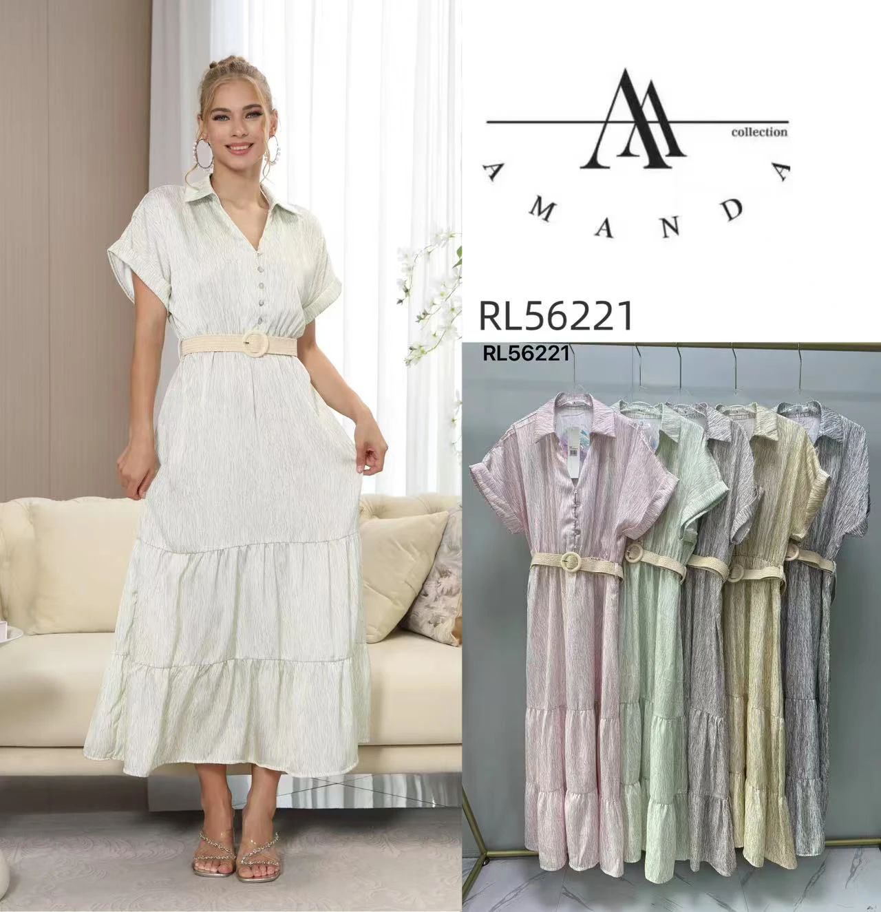 Vestido largo con cuello y falda escalonada-RL56221