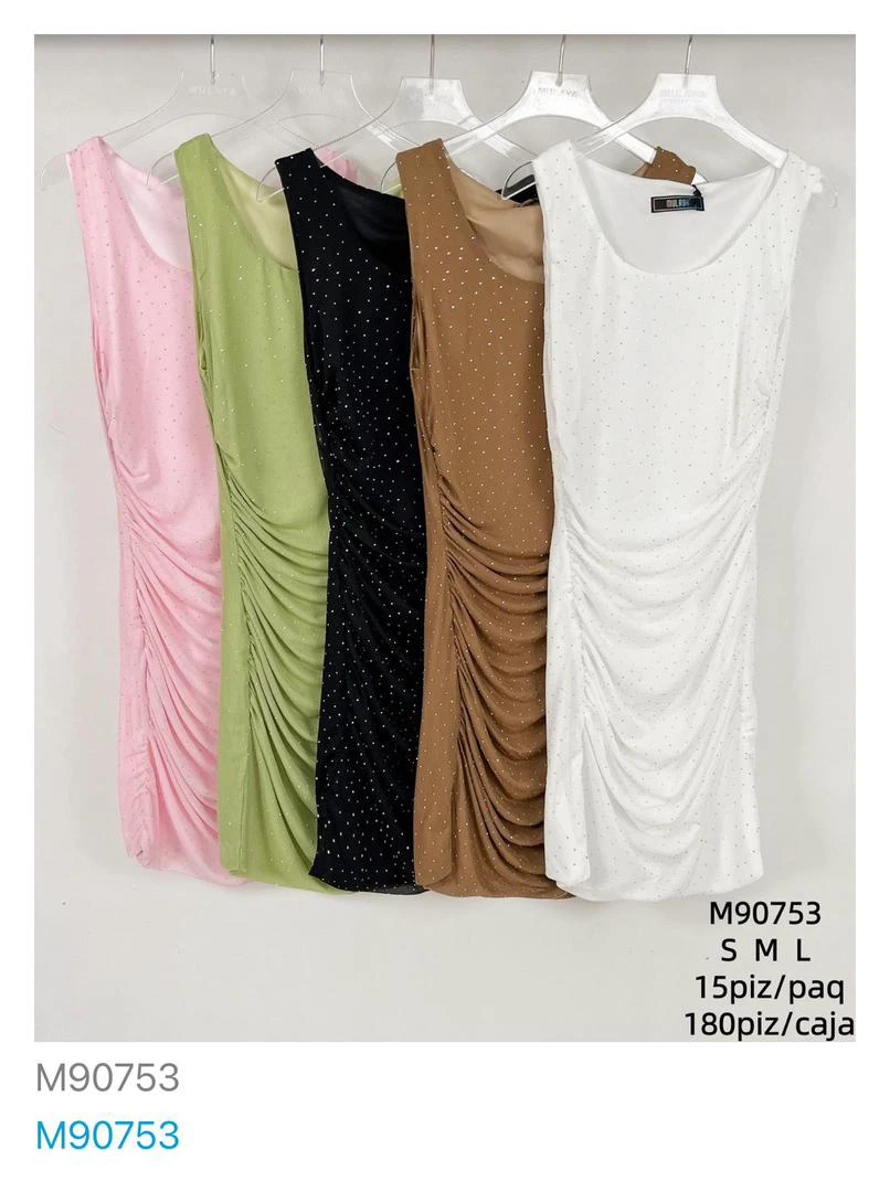 Vestido corto de tirantes con fruncido y pedrería-M90753