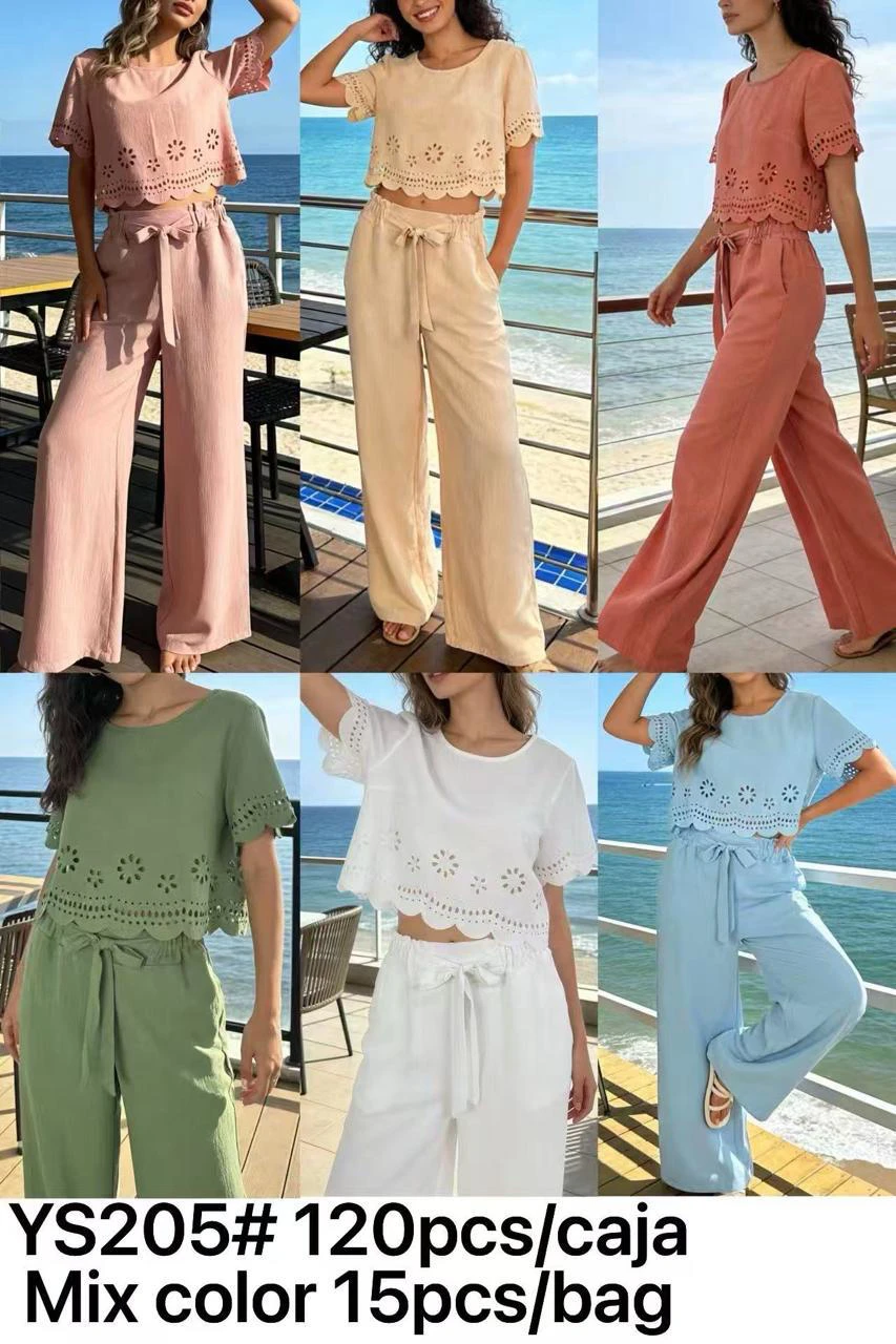 Conjunto de dos piezas con top de manga corta calado y pantalón ancho-YS205